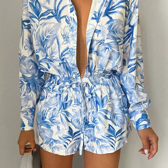 Blue Boho Women's Vacation Floral Print Long Sleeve Shirt And Shorts Casual Suit - Picture 1 of 3